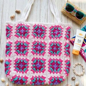 Handmade Crochet Tote Bag Large Granny Square Boho Beach Bag Lined Pink Blue 20"